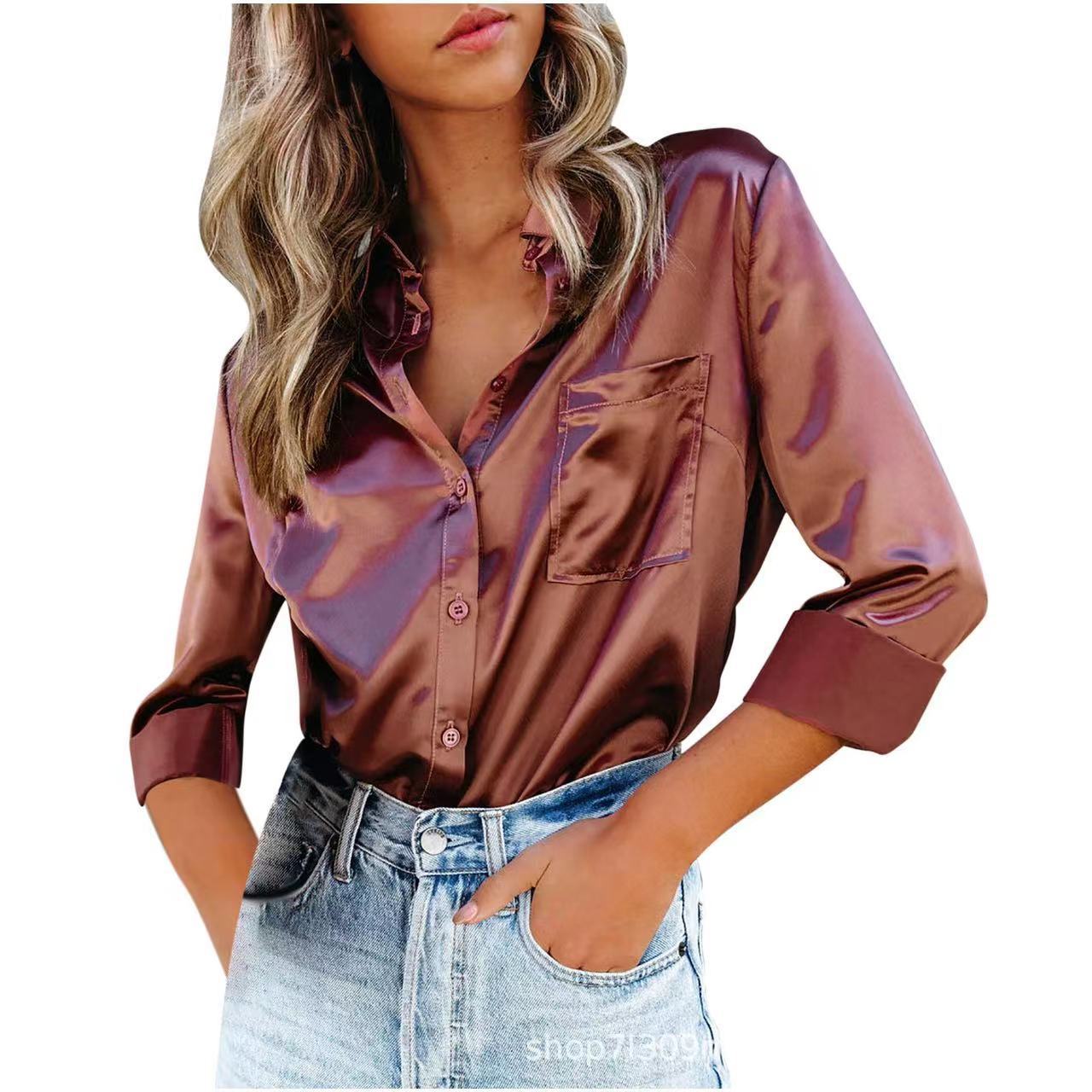 Spring Summer Solid Color Long Sleeve Office Collared Long Sleeve Shirt Solid Color Cardigan Satin Shirt