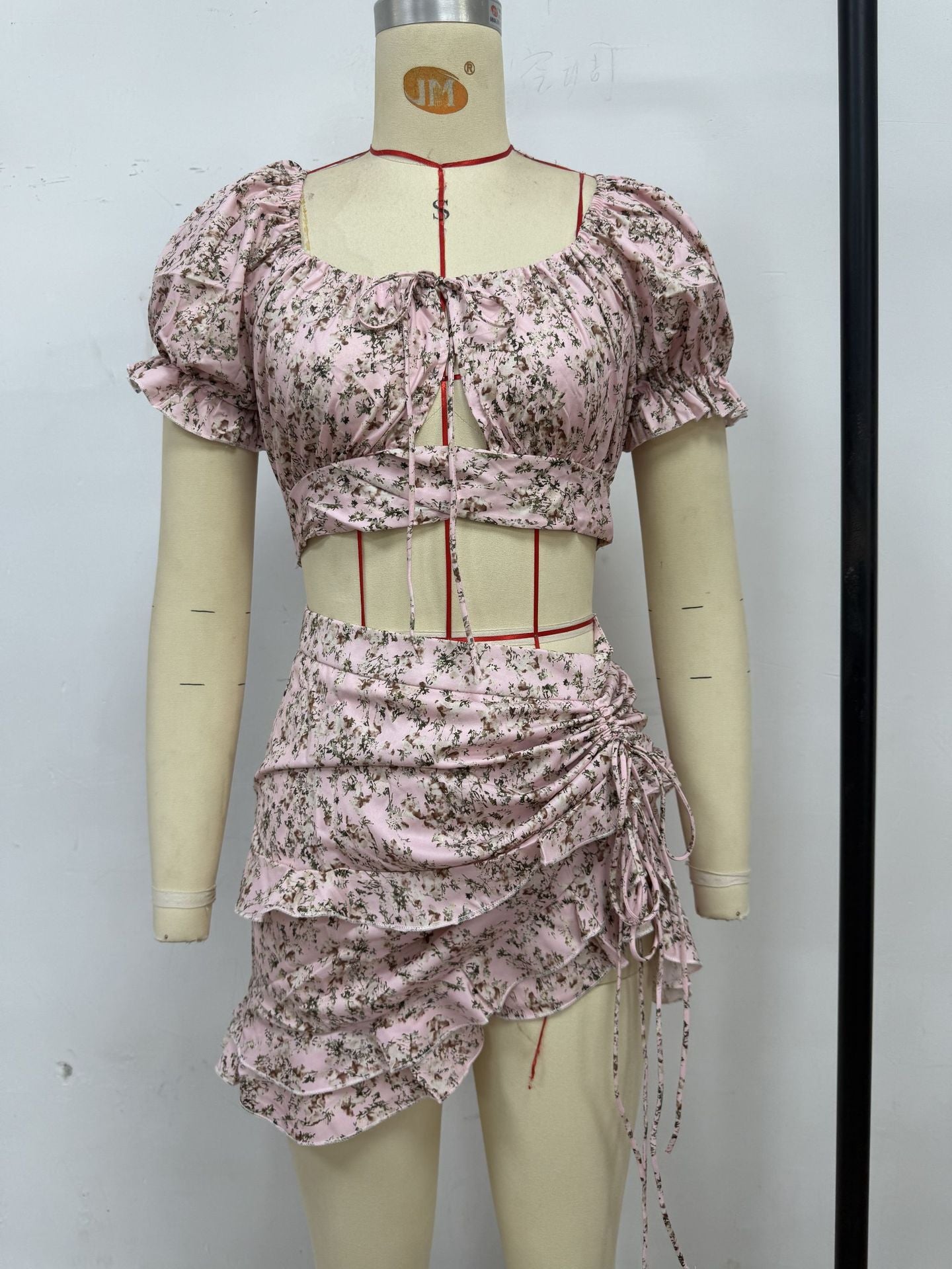 Spring Summer Floral Fresh Sweet U Neck Lace up Two Piece Sets Skirt