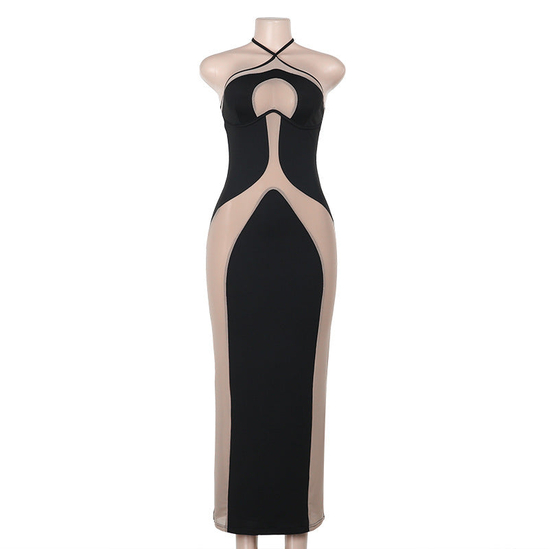 Fall Maxi Dress Elegant Halter Sling Slim Fit Hollow Out Cutout Sexy Dress