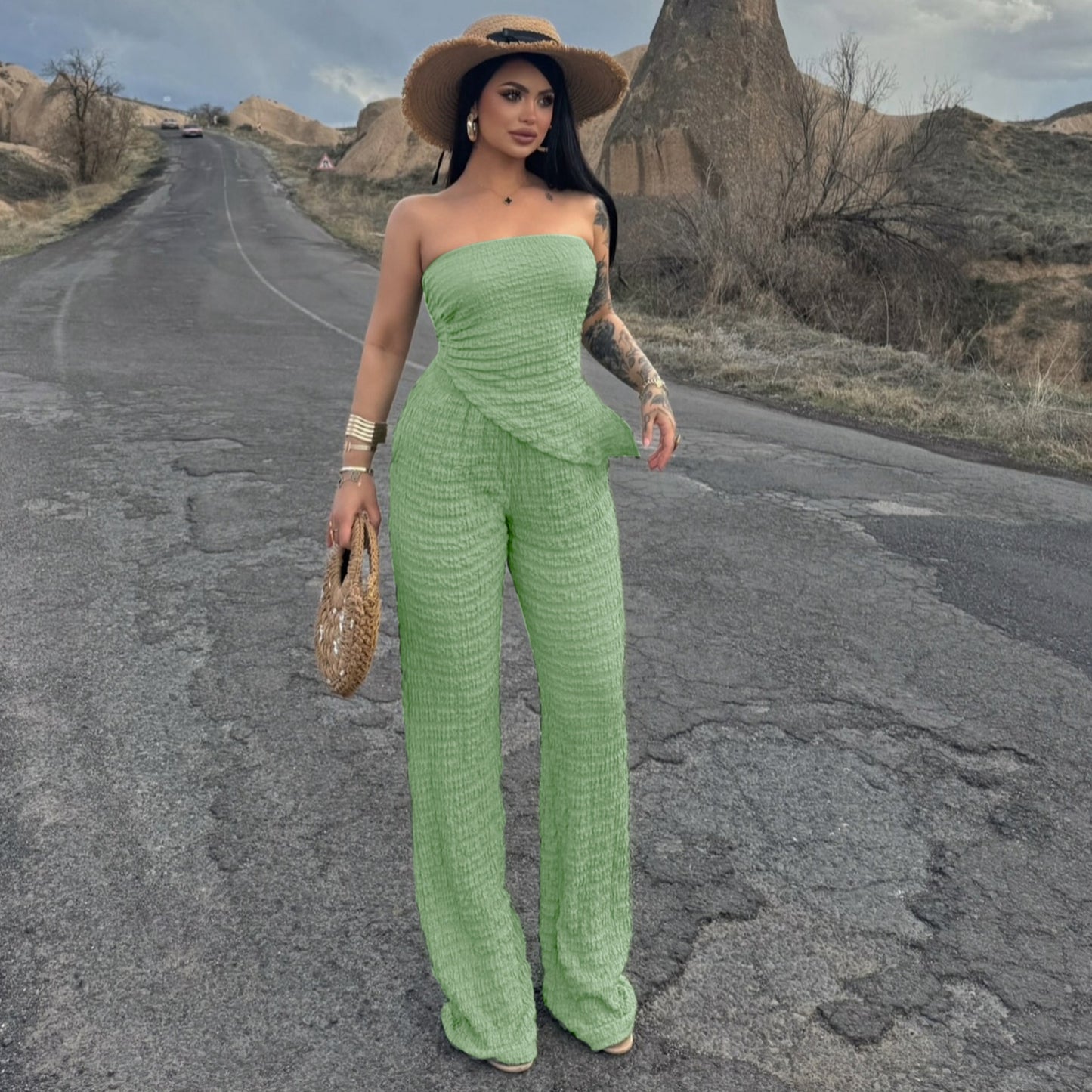 Summer Women Clothing Sexy off the Shoulder Tube Top Beveled Top Slim Trousers Two Piece Sets
