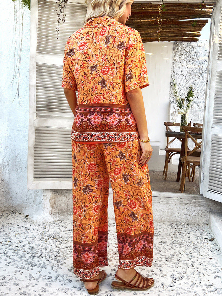 Spring Summer Printed Contrast Color Bohemian Vacation Short Sleeve Long Pants Set Women Clothing
