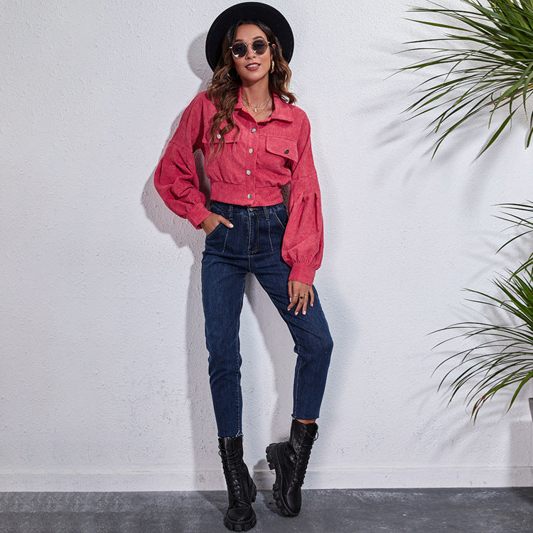 Popular Outdoor Model Real Shot Lantern Sleeve Corduroy Jacket Short Coat Women Loose Long Sleeve Autumn Winter Women Clothing