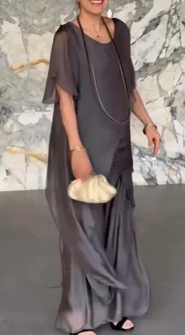 Independent Stand Color Long Irregular Asymmetric Top Loose Trousers Chiffon Two Piece Sets Women