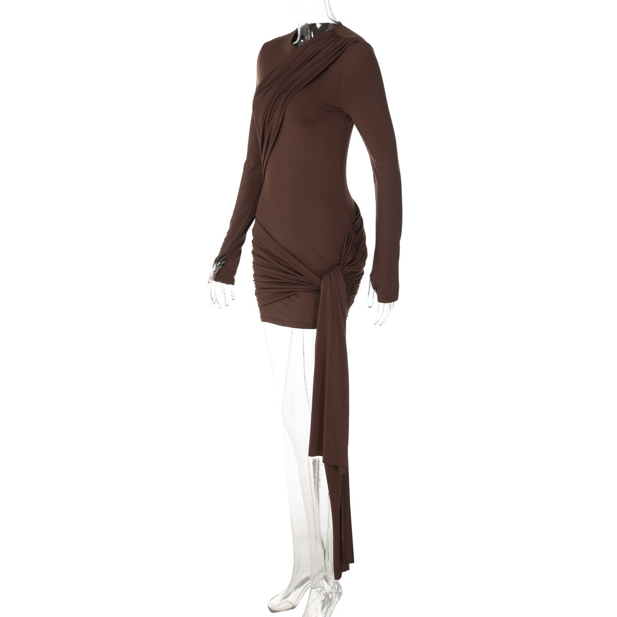 Solid Color Sheath Short Dress Autumn Long Sleeve Ribbon Slim Dress Women