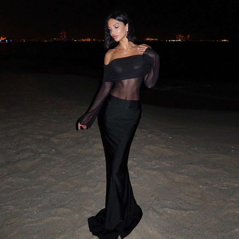 Fall Maxi Dress Elegant Sexy Slim off Shoulder Mesh Dress Women