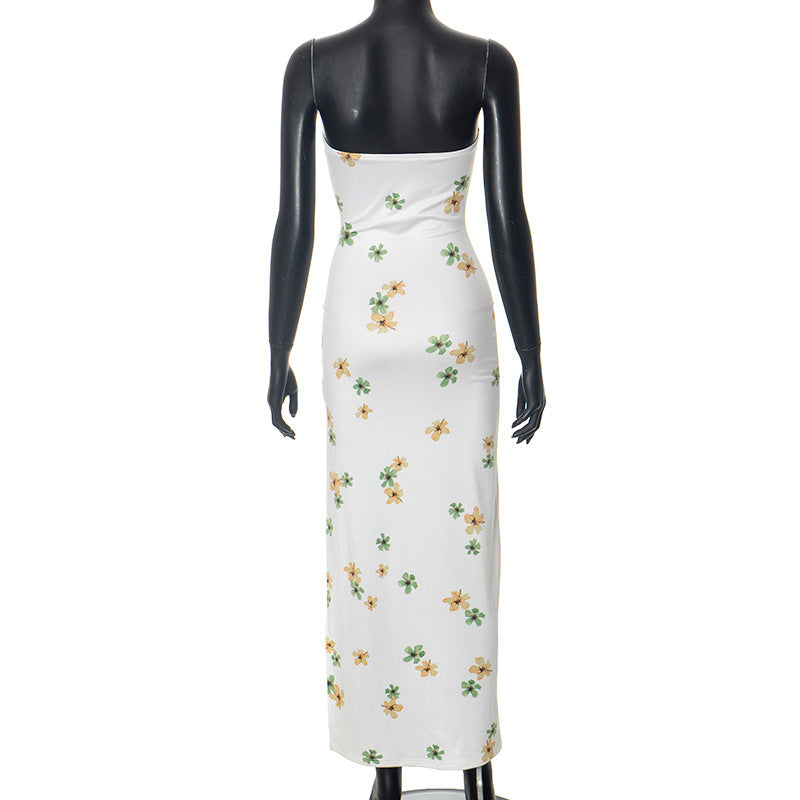 Plant Floral Print Tube Top Slit Maxi Dress Women Clothing Spring Summer