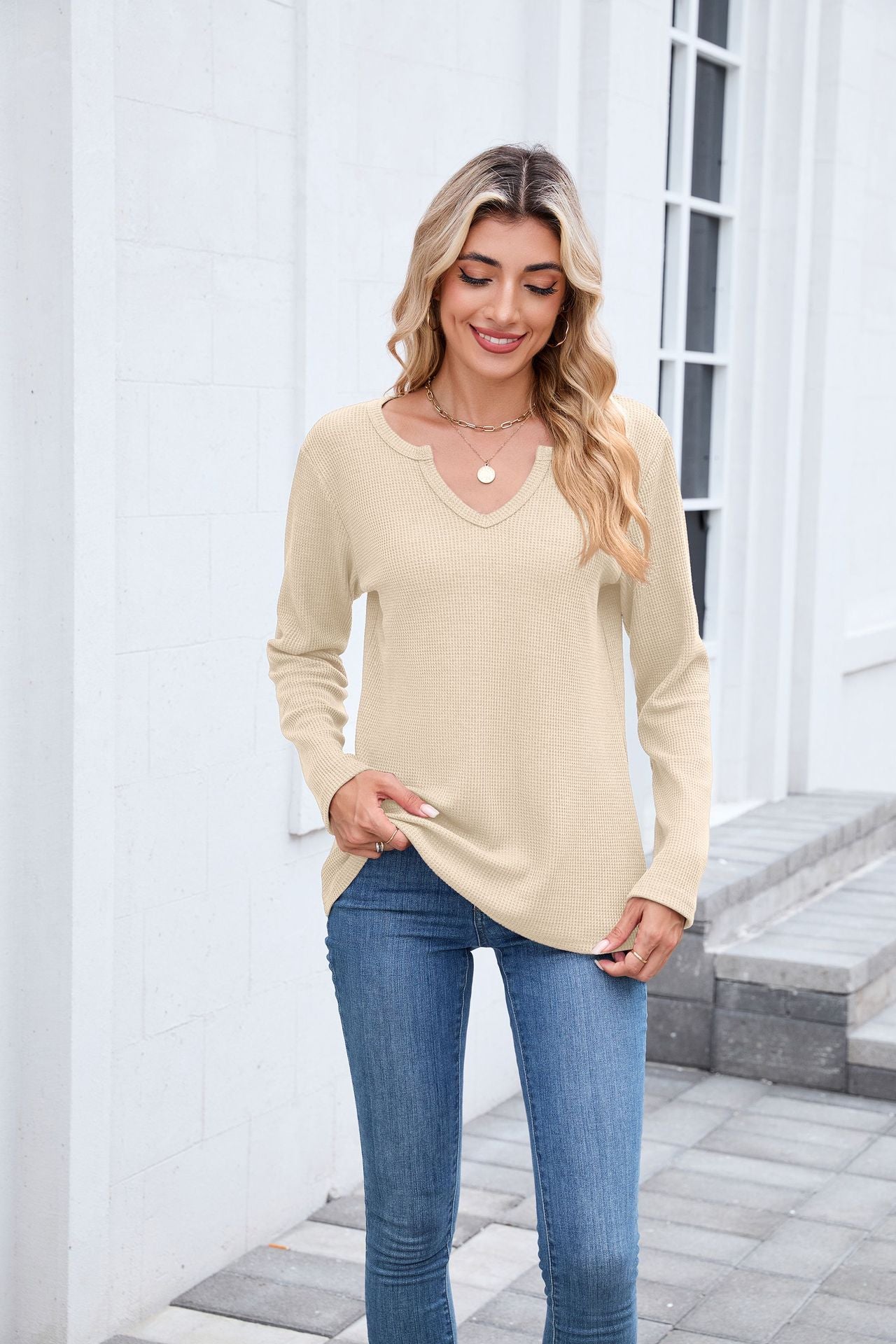 Autumn Winter Waffle Solid Color V neck Loose Long Sleeved T shirt Top Women