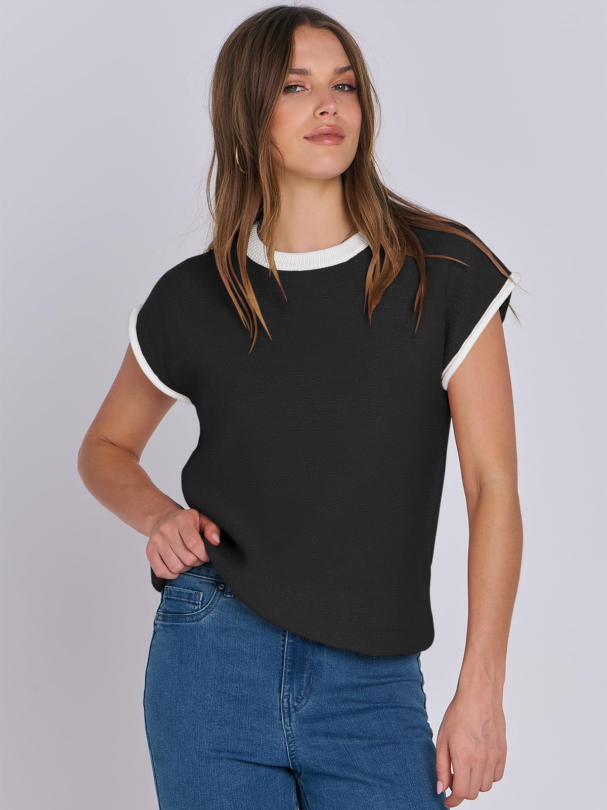 Women Clothing Summer round Neck Knitted Top Casual Striped Contrast Color Sweater