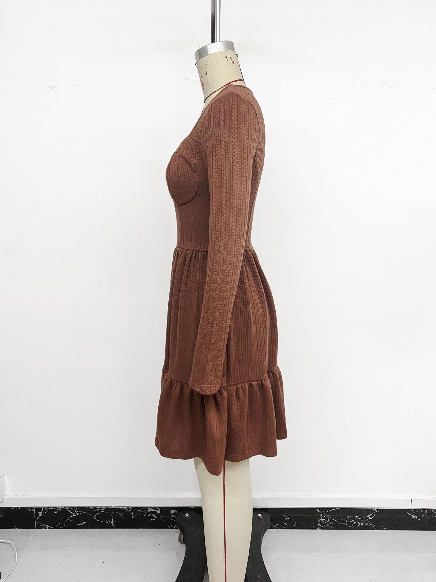 Autumn Elegant Retro Waist Trimming Knitted Solid Color Square Collar A line Dress