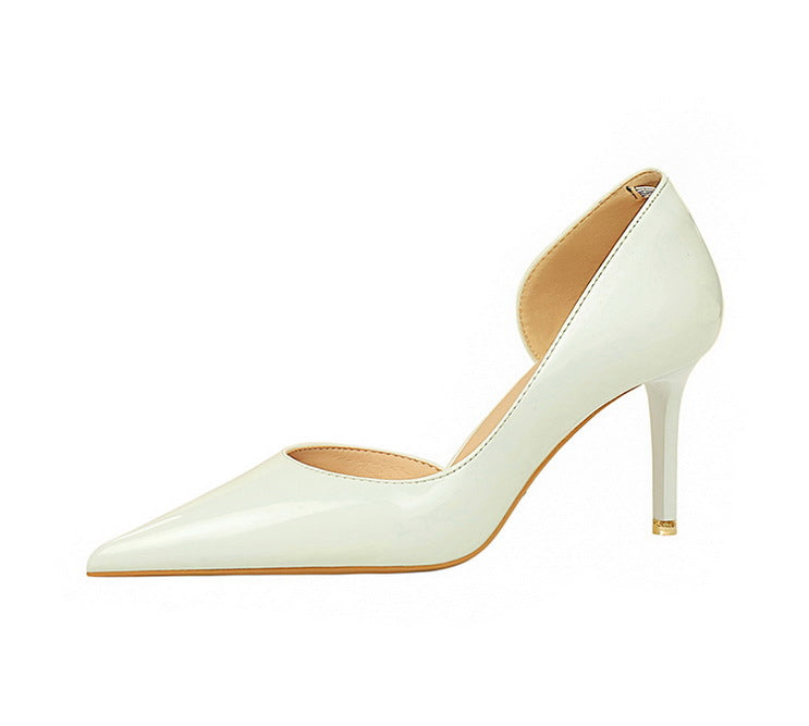 Simple Stiletto Heel Shiny Patent Leather Shallow Mouth Pointed Side Hollow Out Cutout High Heels Women Shoes