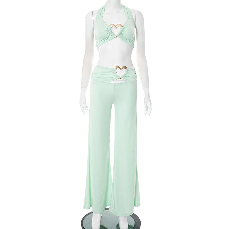 Women Spring Summer Lace up Halter Tube Top Heart Shaped Clasp Pleated High Waist Wide Leg Set
