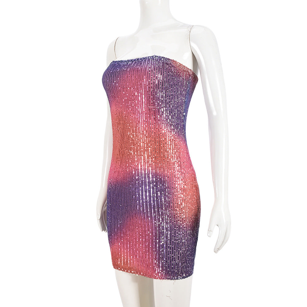 Christmas Sexy Tube Dress Women Sexy Double Layer Cover Hollow Out Cutout Backless Sequin Hip Dress