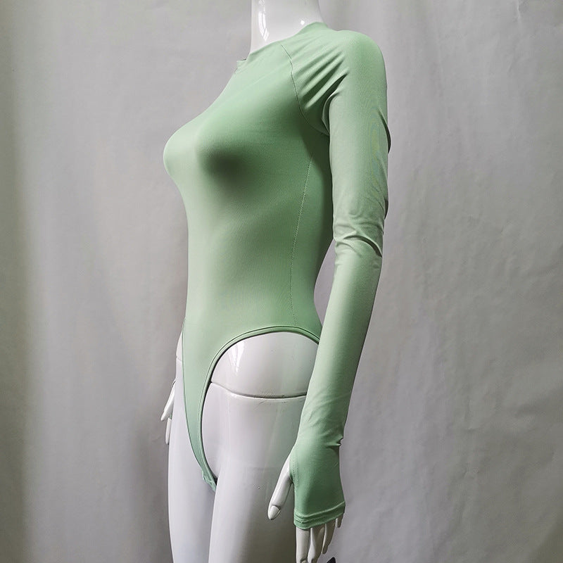 Spring Round Neck Long Sleeve Bottoming Skinny Solid Color Sexy Siamese Top Women