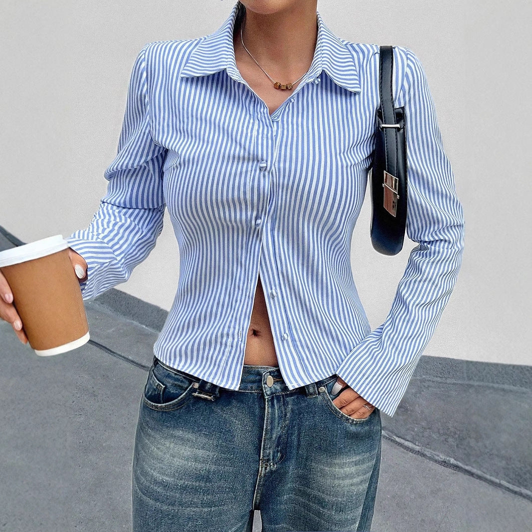 Spring Autumn Casual All Match V neck Striped Long Sleeve Shirt Top