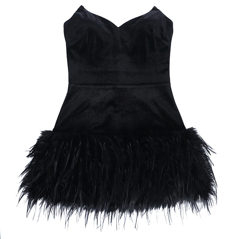 Tube Top Sexy Socialite Furry Hem Short Dress Women