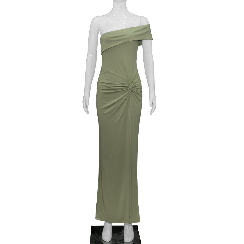 Slant Shoulder Tight Waist Twisted High Waist High Slit Sheath Maxi Dress