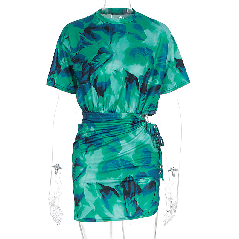 Summer Elegant Tie Dyed Pleated Slim Fit Sheath Dress Women Clothing