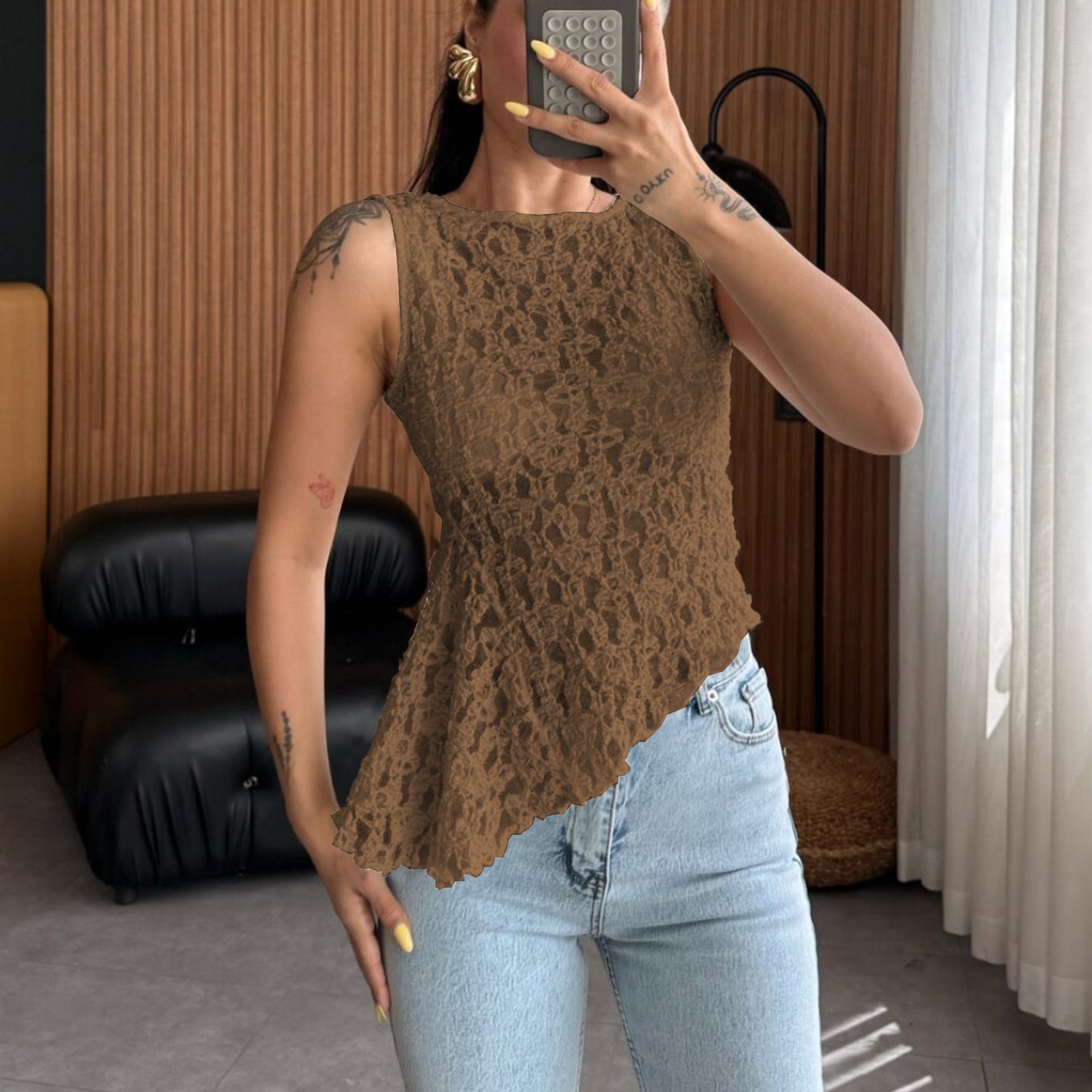Spring Summer Women Lace Shirt Waist Tight Irregular Asymmetric Oblique Vest Top