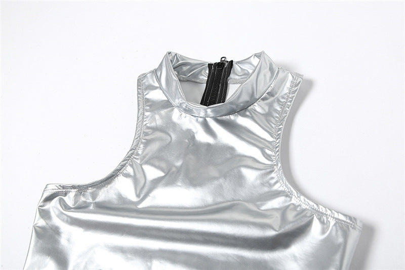 Metallic Coated Fabric Spring Summer Women Slim Fit High Waist Round Neck Sleeveless Reflective Jumpsuit