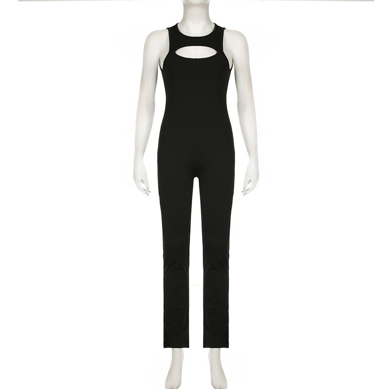 Women Clothing Solid Color Personalized Chest Hollow Out Cutout Backless Body Shaping Wide Leg Slightly Flared Jumpsuit Summer