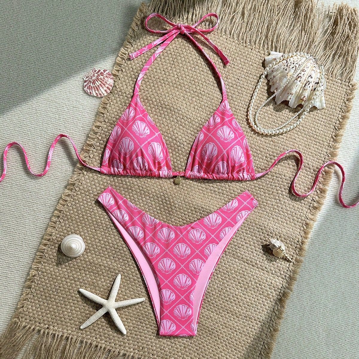 Swimwear Shell Printed Bikini Halter Sexy Lacing Bikini Women Seperated Swimwear