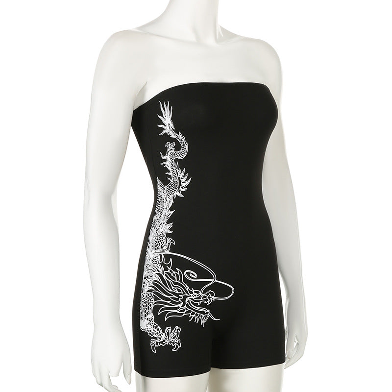 Dragon Print Tube Top Jumpsuit Skinny Sheath Sleeveless Chest Wrapped Sports Shorts