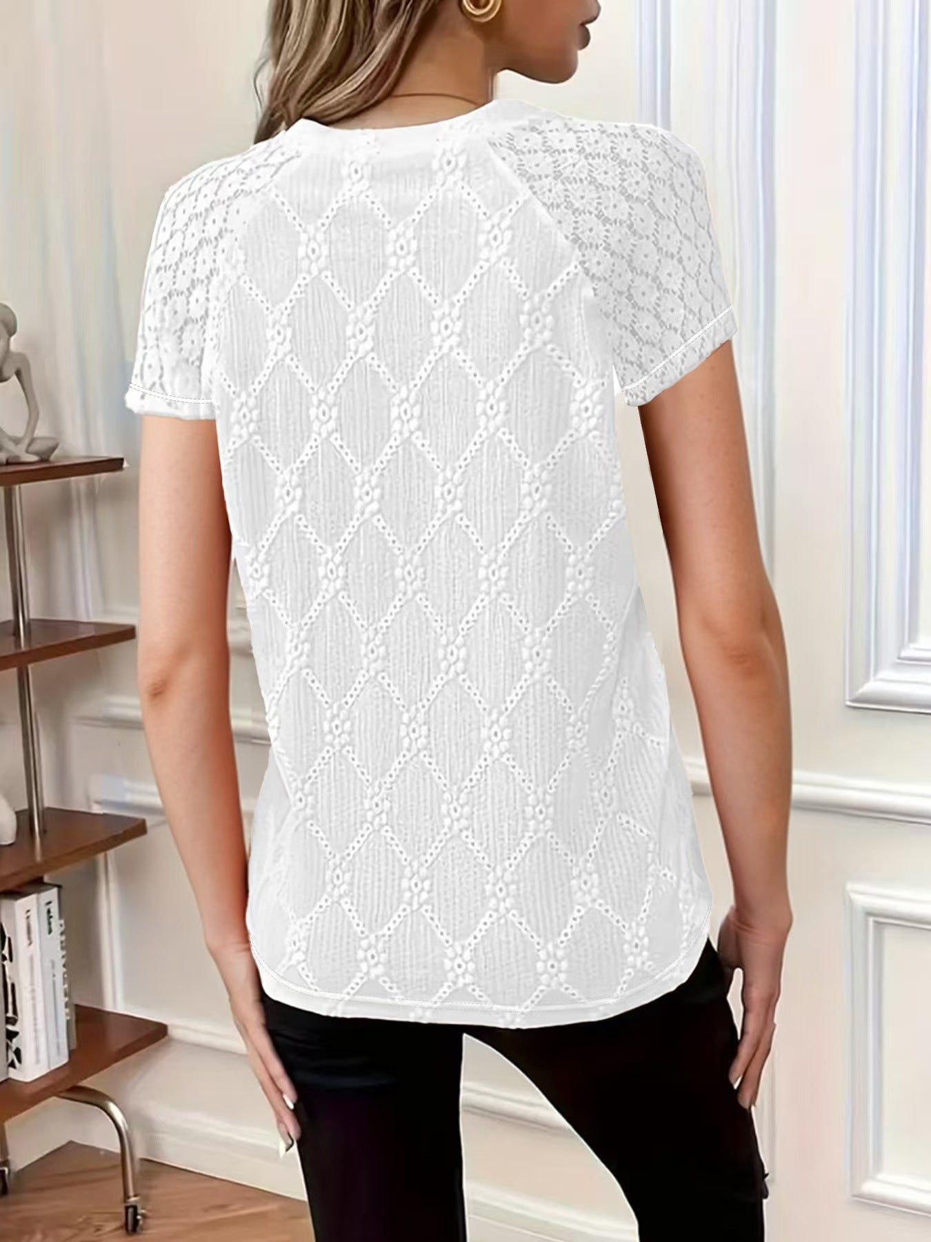 T shirt Casual Women round Neck Short Sleeve Top Crochet