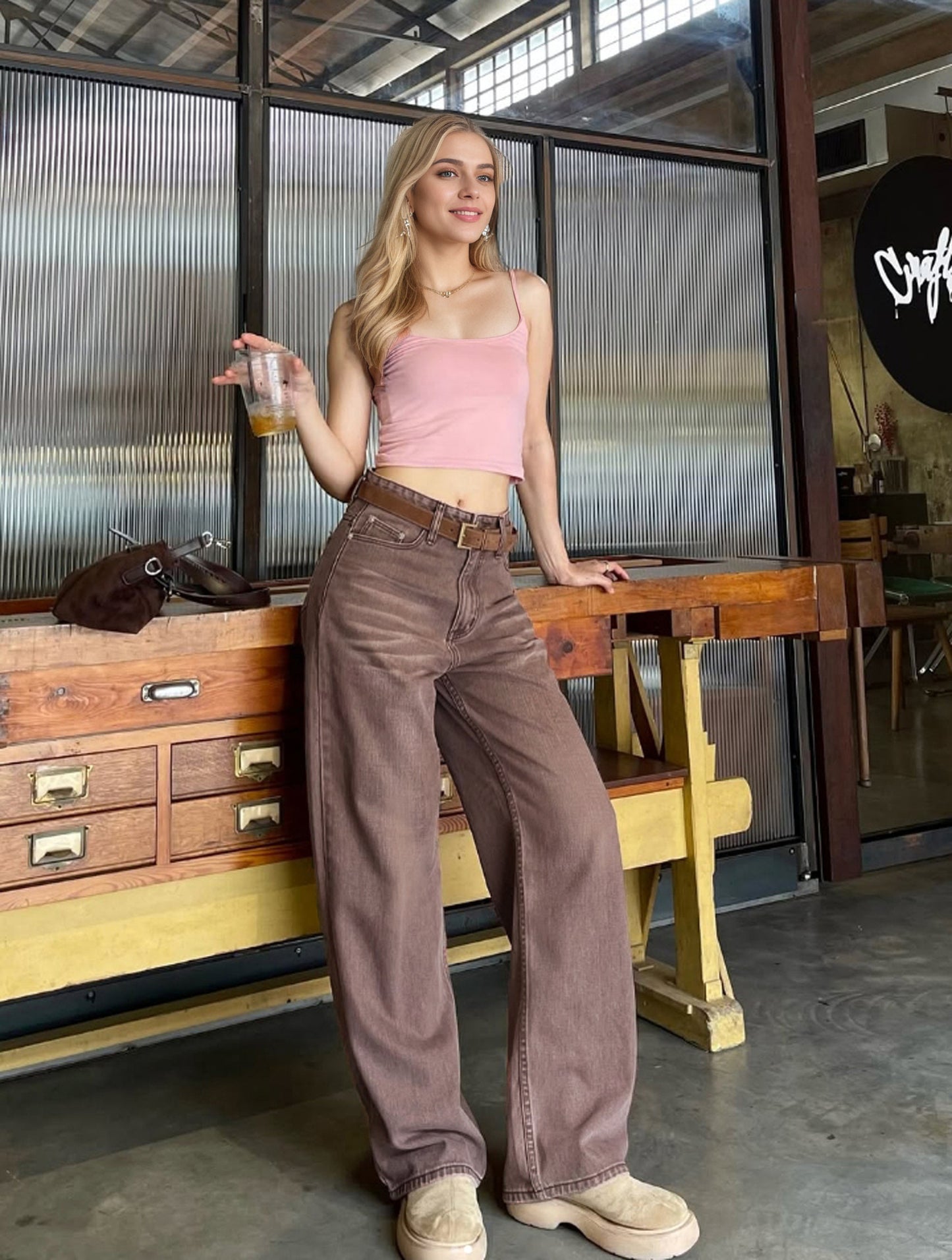 Non Elastic Wide Leg Three Dimensional Cat Beard Denim Candy Color Brown Colored Trousers