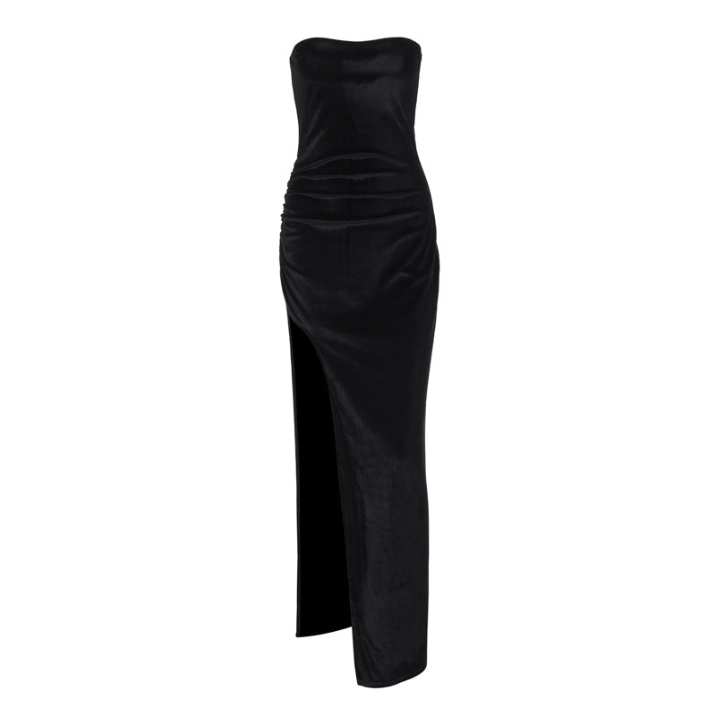 Women Clothing Winter Sexy Slit Slim Pleated Tube Top Dress