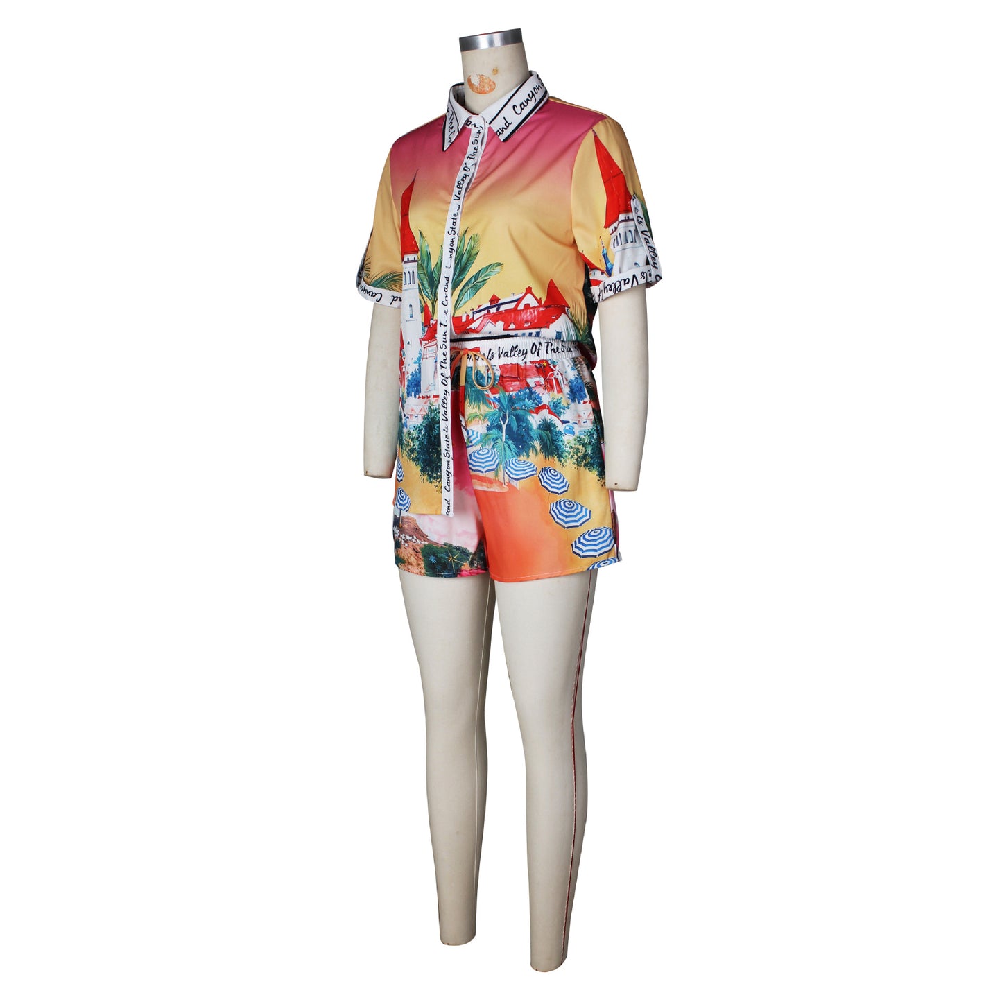 Women Clothing Personalized Positioning Printed Short Sleeved Shorts Color Matching Vacation Casual Two Piece Sets