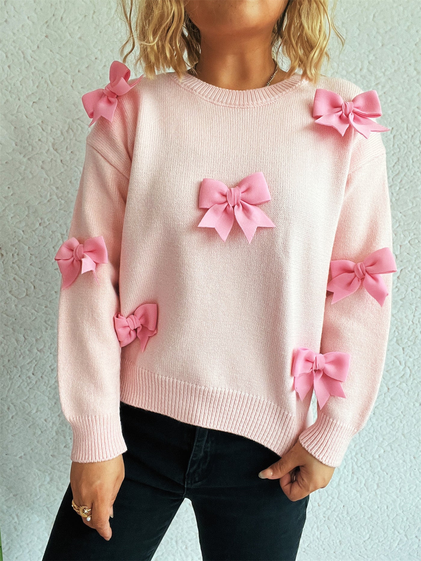 Sticky Bow Casual Sweet Knitted Top Autumn Winter round Neck Sweater Pullover
