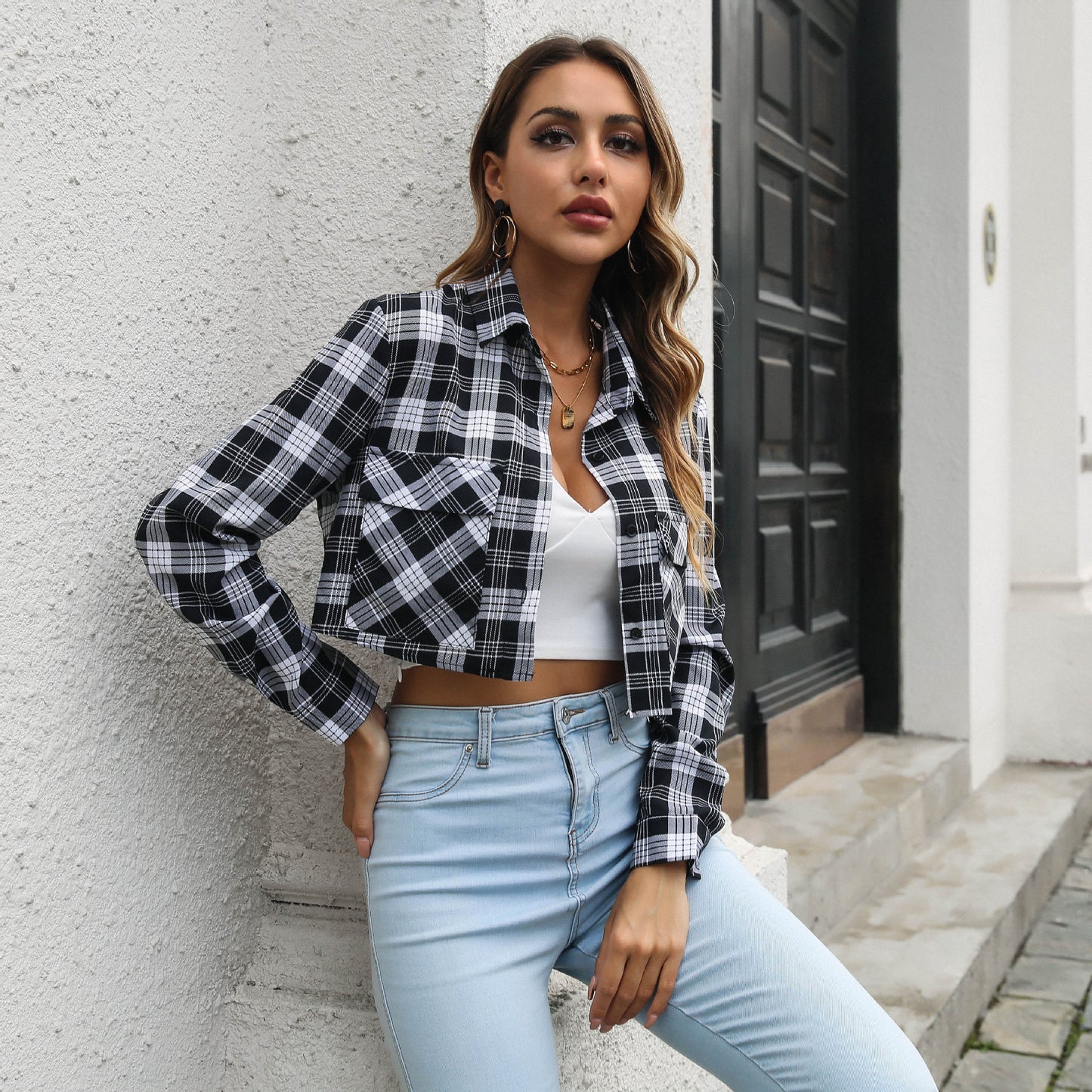 Plaid Zebra Print Pocket Long Sleeve Shirt Cropped Top Thin Outerwear Women Women Clothing Outerwear