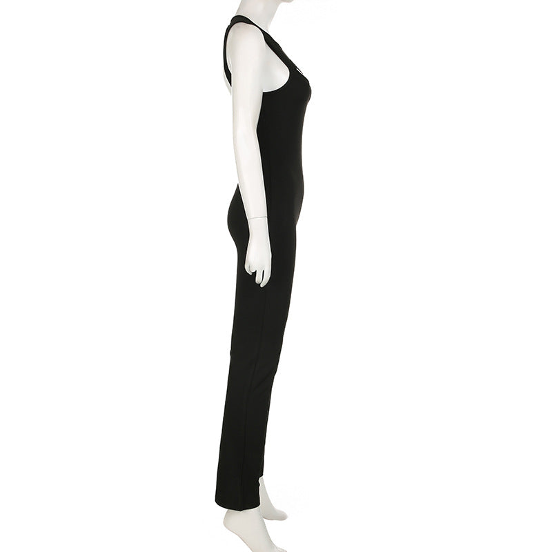 Women Clothing Solid Color Personalized Chest Hollow Out Cutout Backless Body Shaping Wide Leg Slightly Flared Jumpsuit Summer