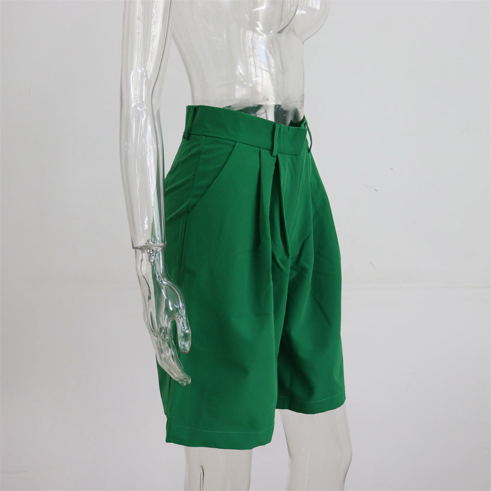 Summer Shorts Women Flanging Pocket Zipper Hidden Hook Solid Color Casual Pants Straight Blazer Shorts