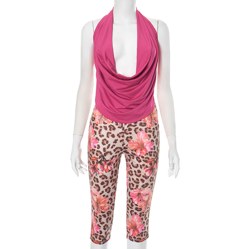 Women Spring Summer Halter Pile Collar Backless Lace up Floral Leopard Print Sets