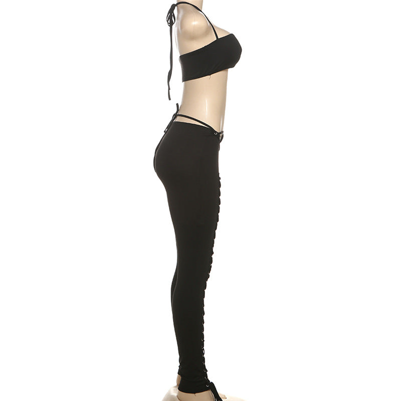 Women Sexy Lacing Vest Street Lace up Trousers Two Piece Set