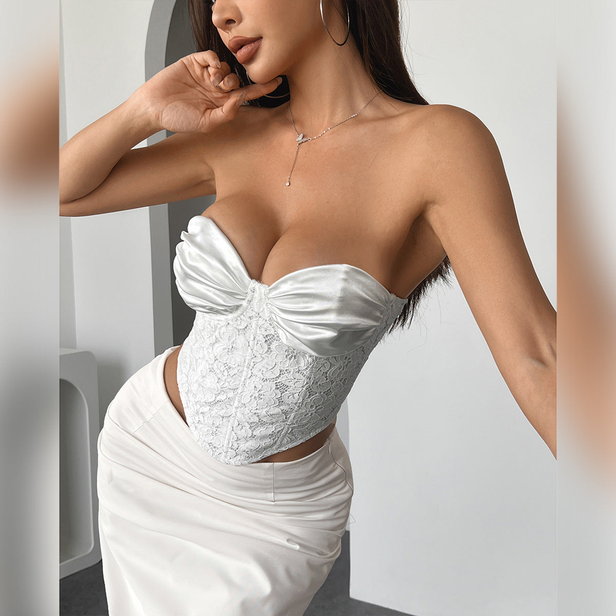 Pleated Internet Celebrity Pure Lace Steel Ring Boning Corset Tube Top Tied Slim Fit Top
