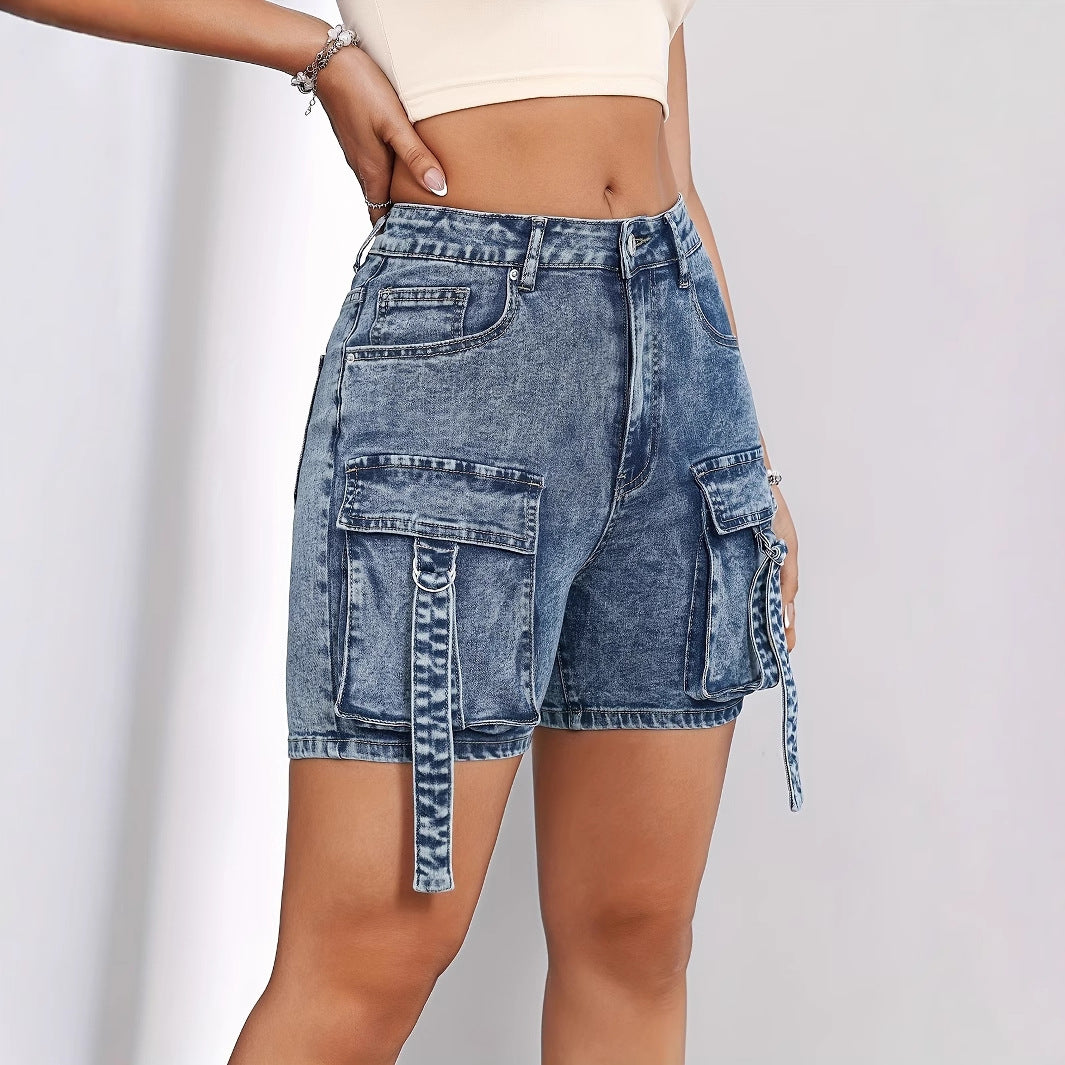 Retro Denim Medium High Elastic Hip Hop Tooling Large Pocket Street 4 Points Shorts