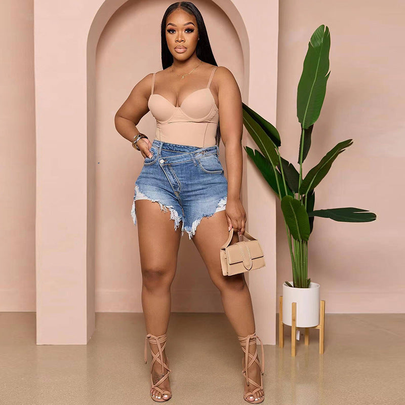 Spring Summer High Waist Sexy Raw Edge Denim Shorts Women Slim Fit Slimming