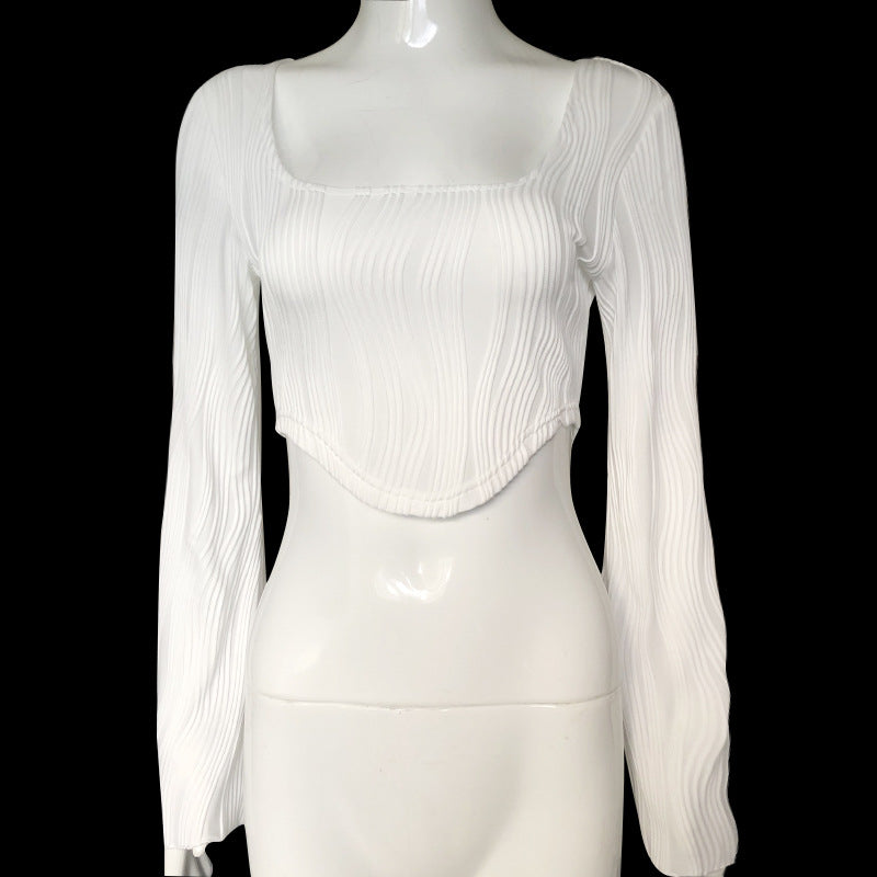 Spring Patchwork Flared Long Sleeve U Neck Sexy Short Top Women