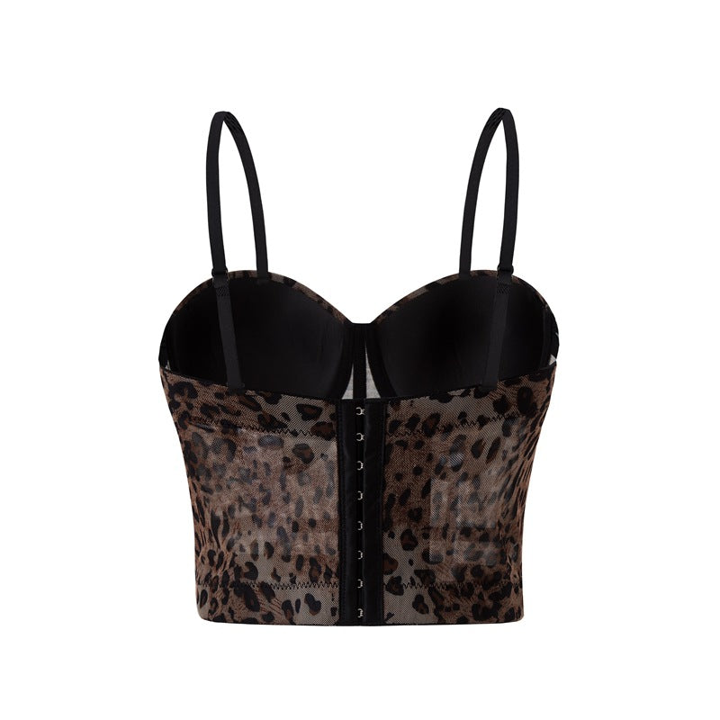 Sexy Leopard Print Stitching Bra Shoulder Straps High Grade Inner Mesh Lace See through Outer Wear Boning Corset Bra
