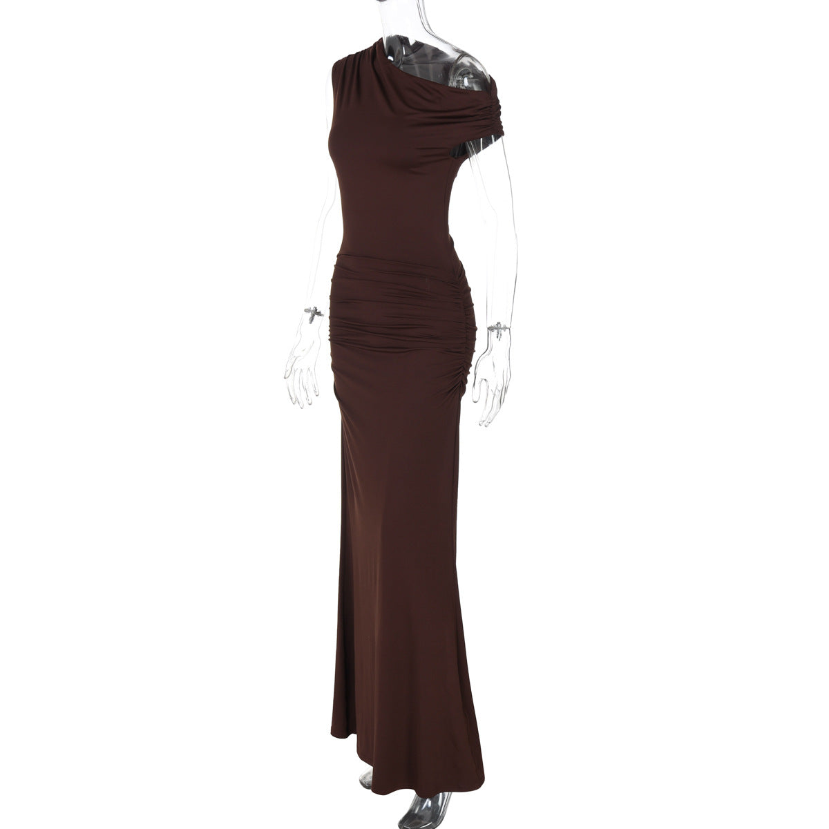 Women Clothing Summer Pleated Waist Tight Slimming Shoulder Hollow Out Cutout Sexy Solid Color Dress