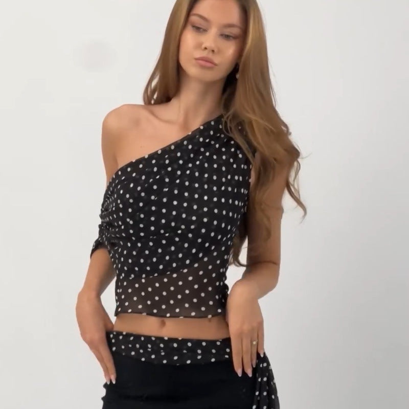 Women Clothing Summer Sexy Diagonal Collar Polka Dot Chiffon See through Irregular Asymmetric Top Women