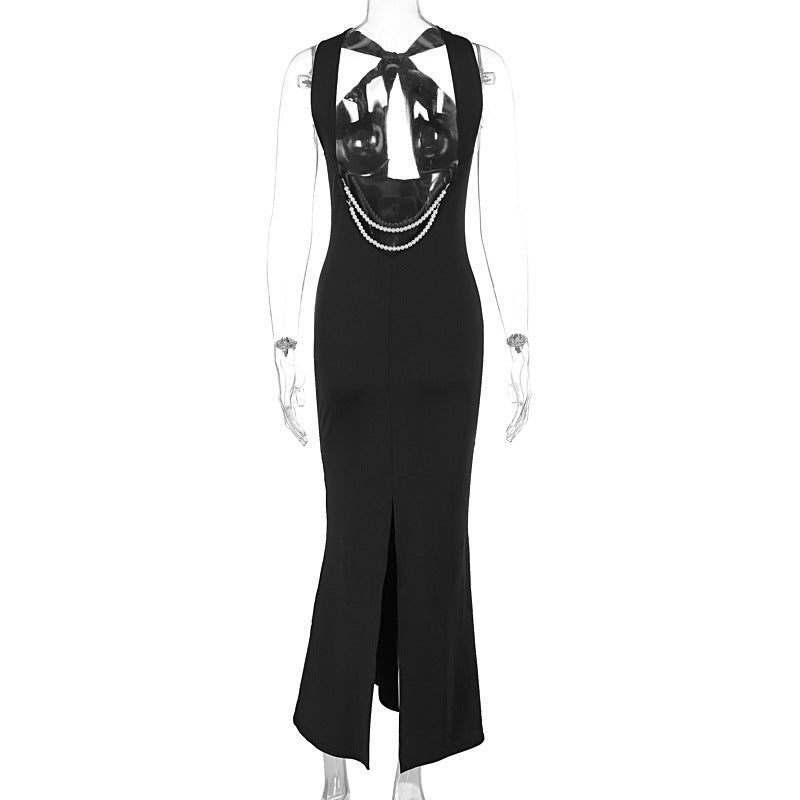 Women Clothing Sexy Sleeveless Hollow Out Cutout Backless Pearl Chain Slim Fit Dress