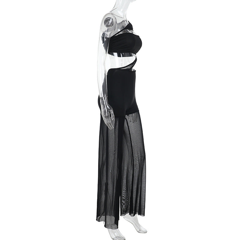 Sexy Mesh Stitching Tube Top One Piece Wide Leg Pants Hollow Out Cutout out See through Women Clothing