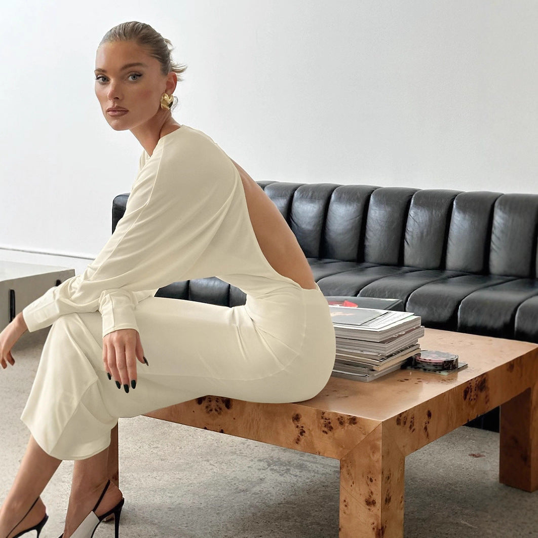 Design Backless Hollow Out Cutout out Dress Autumn Crew Neck Long Sleeve Gentle Simple Hip Dress