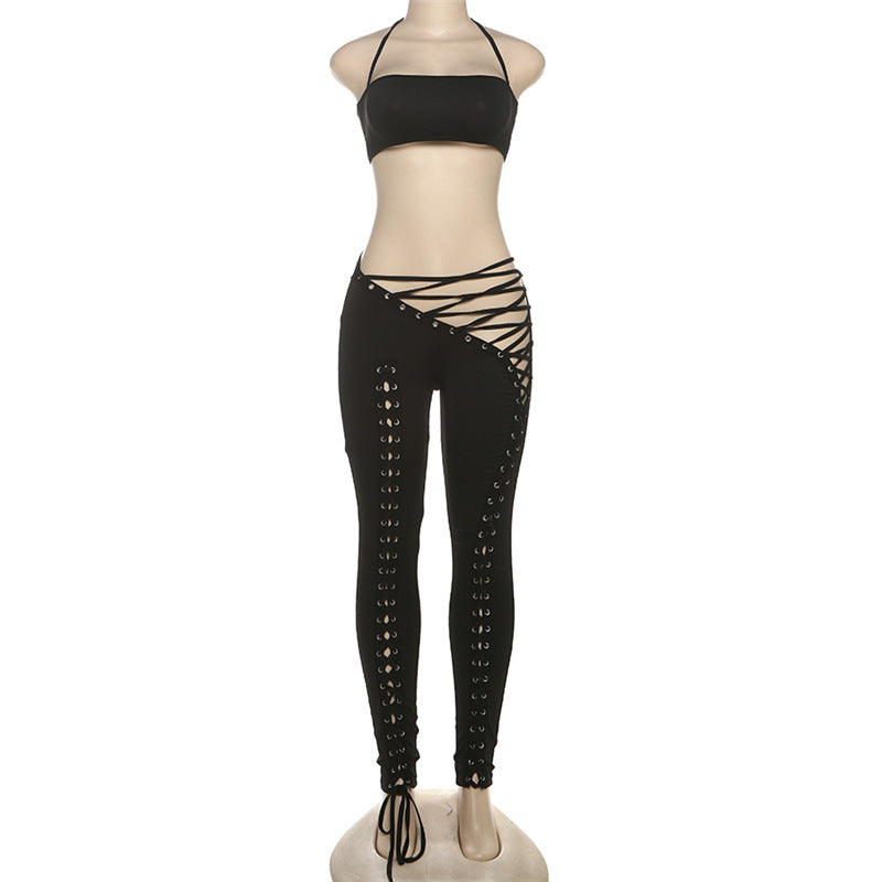 Women Sexy Lacing Vest Street Lace up Trousers Two Piece Set
