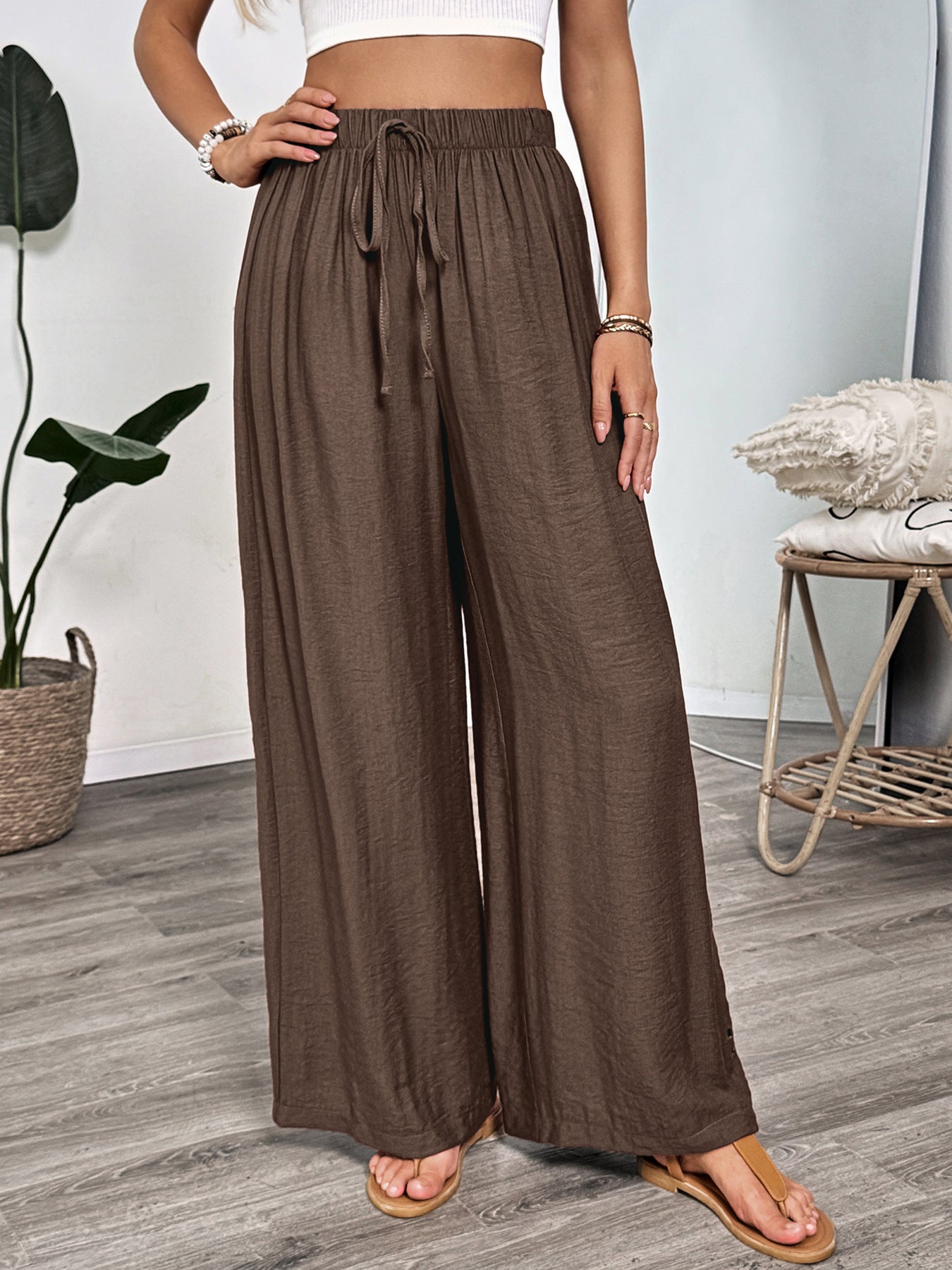 Casual Simple Lace up Embroidery Solid Color Loose Wide Leg Pants Thin Women