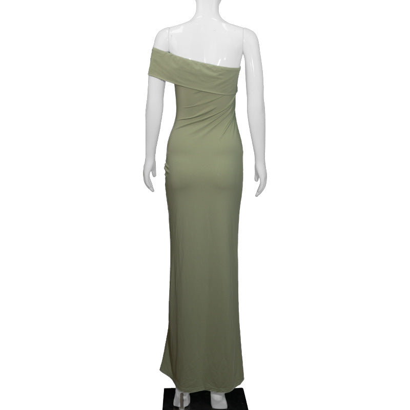 Slant Shoulder Tight Waist Twisted High Waist High Slit Sheath Maxi Dress