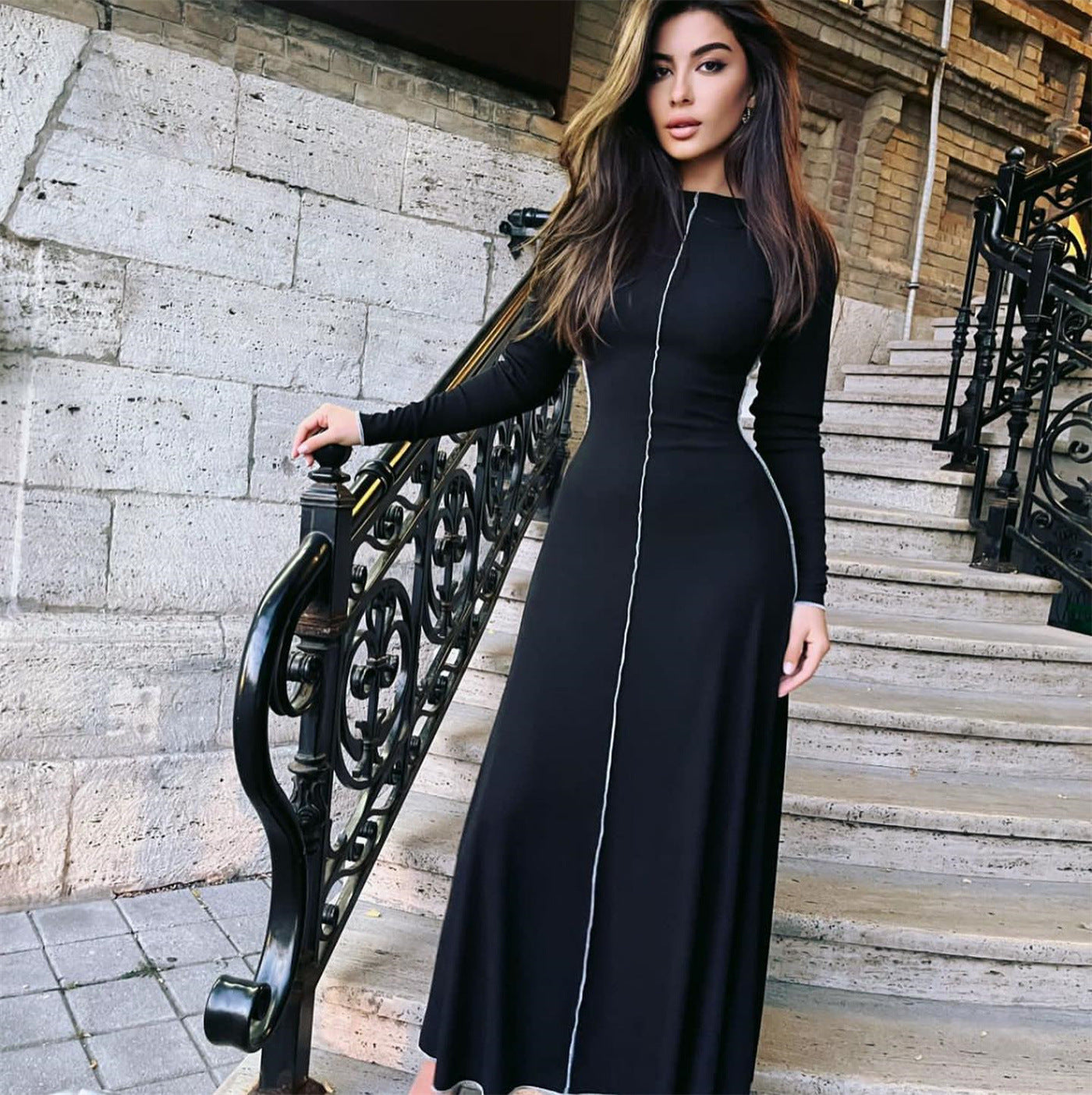 Autumn Winter Long Sleeve Round Neck A line Dress Women Sexy Maxi Dress Women Clothing